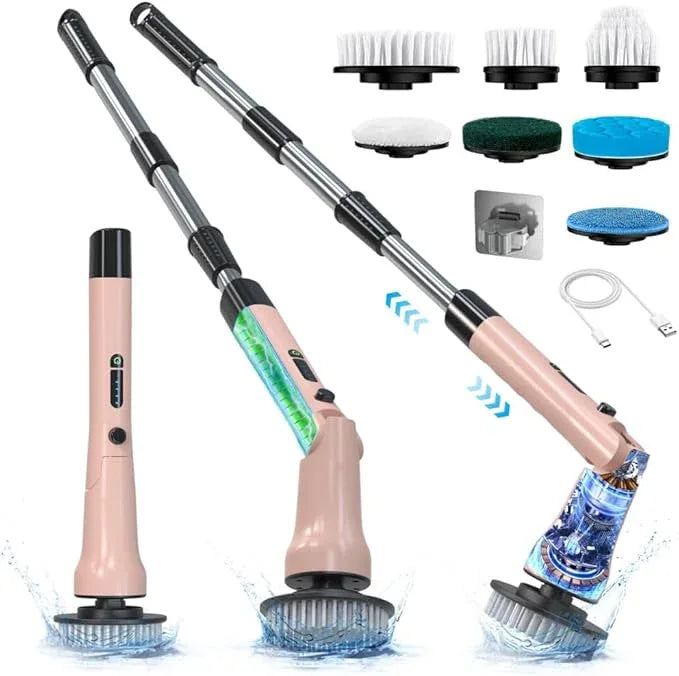 Electric Spin Scrubber, Hillyfe Bathroom Scrubber Electric with 7 Replaceable Brush Heads, IPX7 Waterproof,300/400 RPM, 3 Adjustable Length,Scrubber Brush Electric for Bathtub Floor,Pink - NeatNest