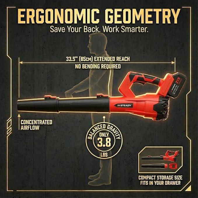 21V Cordless Leaf Blower - 3500W 350m/s, Stepless Variable Speed, Extended Nozzle, Rechargeable with Safety Gear (Red:2*Battery + Charger) - NeatNest