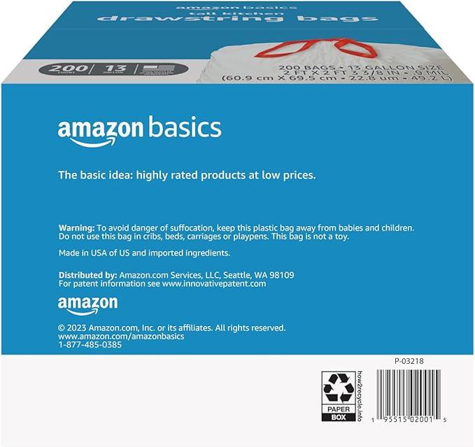 Amazon Basics Trash Bags, Tall Kitchen Drawstring, Unscented, 13 Gallon, 200 Count, Pack of 1 - NeatNest