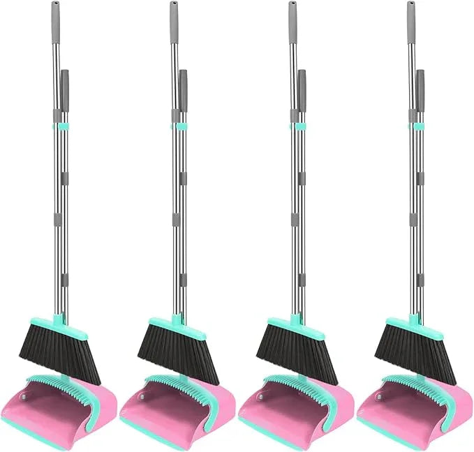 NACENA Broom and Dustpan Set, 52-in Long Adjustable Handle Broom Dustpan Combo with Dustpan Teeth to Automatically Clean Hair Suitable for Home Kitchen Office Hall Floor (Pink&Blue), 4 Pack - NeatNest