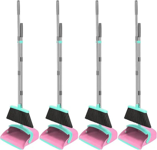 NACENA Broom and Dustpan Set, 52-in Long Adjustable Handle Broom Dustpan Combo with Dustpan Teeth to Automatically Clean Hair Suitable for Home Kitchen Office Hall Floor (Pink&Blue), 4 Pack - NeatNest