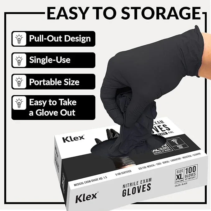 Klex Nitrile Exam Gloves - Medical Grade, Powder & Latex Free, Food Safe, Black, 100, 1000 Count, S, M, L, XL - NeatNest