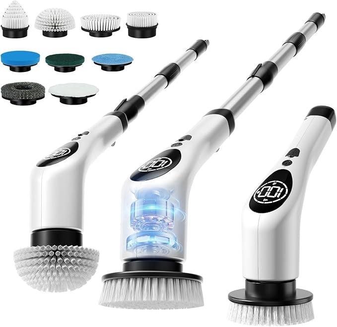 Electric Spin Scrubber,Cordless Cleaning Brush,Shower Scrubber with 9 Scrub Brush,3 Speed,Adjustable Extension Handle,Power LED Display, Voice Broadcast,Power Scrubber for Bathroom Kitchen Cleaning - NeatNest