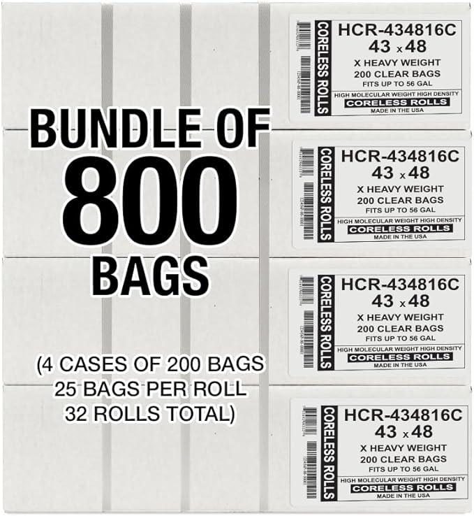 Aluf Plastics High Density Trash Bags, 56 Gallon, 800 Count, 16 Micron (eq), 43" x 48", Clear, for Bathroom, Office, Industrial, Commercial, Janitorial, Municipal, Recycling - NeatNest