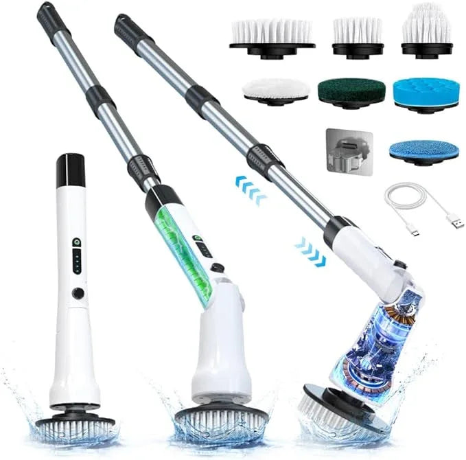 Electric Spin Scrubber, Hillyfe Bathroom Scrubber Electric with 7 Replaceable Brush Heads, IPX7 Waterproof,300/400 RPM, 3 Adjustable Length,Scrubber Brush Electric for Bathtub Floor,White - NeatNest