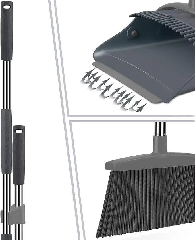 Broom and Dustpan Set, Dust pan with Long Handle, Broom with Dustpan Combo Set, Broom and Dustpan for Home, Indoor or Outdoor Cleaning Tool (Deep Gray&Light Gray) - NeatNest