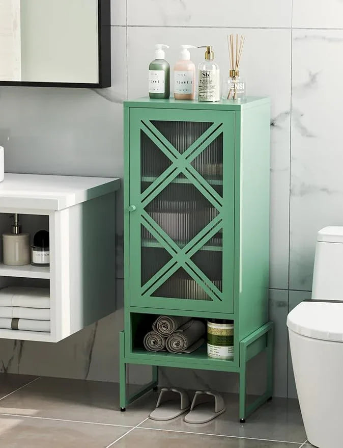 Metal Storage Cabinet with Adjustable Shelves, 42.54"H Freestanding Organizer for Pantry, Kitchen, Bathroom & Laundry Room, Strong & Rust-Resistant, Easy Assembly (Green+Transparent Door Panel) - NeatNest