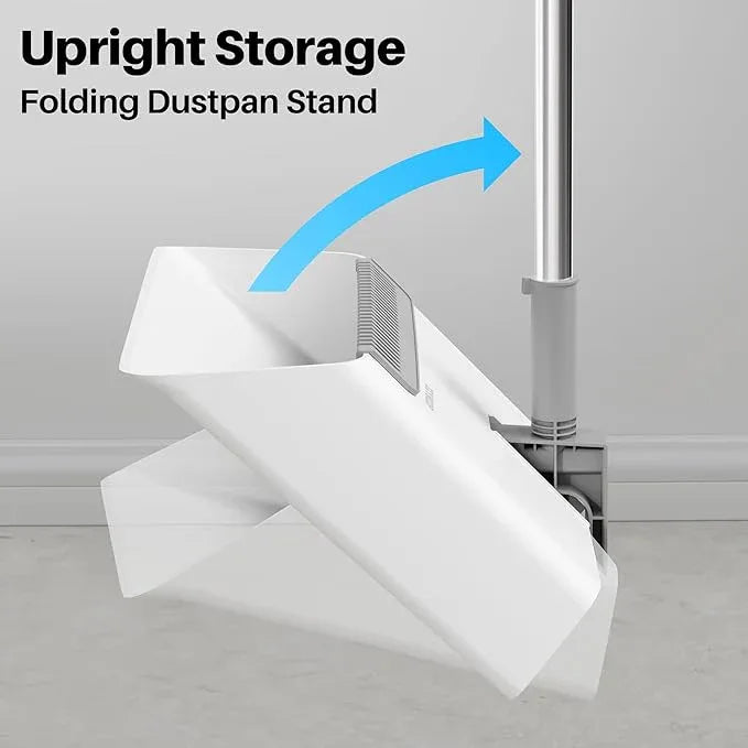 JOYMOOP White Broom and Dustpan Set, Upright Angle Design with Built-in Comb Teeth for Kitchen, Office, Pet Hair, Hard Floors - NeatNest