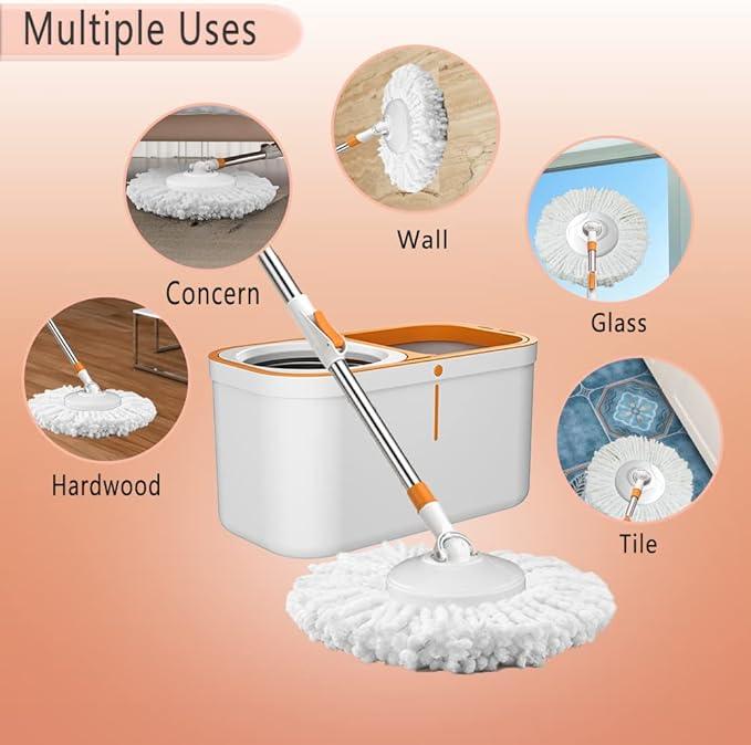 Floor Spin Mop and Bucket Set with Wringer System Extended Stainless Steel Handle 61＂for Home Floor Cleaning Use with 5 Replacement Head Refill and 1 Cleaning Brush Head - NeatNest