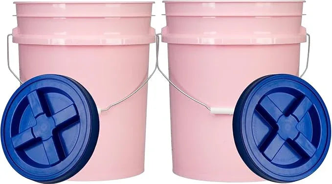 House Naturals Food Grade 5 Gallon Made in USA Plastic Bucket with Air Tight Screw on Lid (Pack of 2) (Pink with Blue Lids) - NeatNest