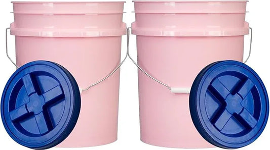 House Naturals Food Grade 5 Gallon Made in USA Plastic Bucket with Air Tight Screw on Lid (Pack of 2) (Pink with Blue Lids) - NeatNest