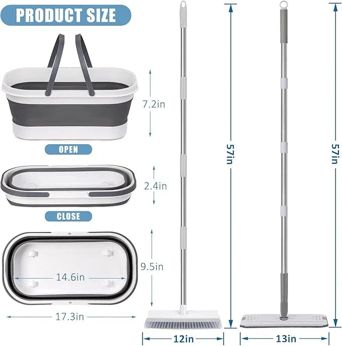 Flat Mop and Bucket Set with Heavy Duty Scrub Brush, 2 Washable Reusable Microfiber Pads, for Tile Hardwood, Wall Cleaning, Home Indoor or Outdoor Cleaning (White-Gray) - NeatNest