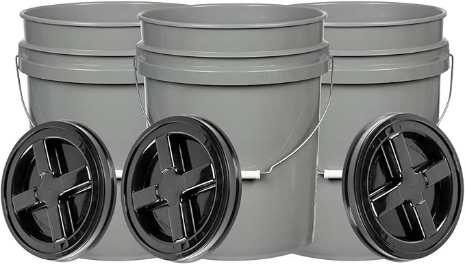 House Naturals 5 Gallon Grey Food Grade Bucket with Black Screw on Lid, BPA Free Container (Pack of 3) Made in USA - NeatNest