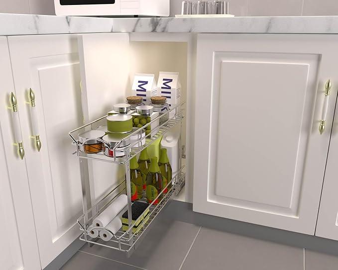 OCG Slide Out Cabinet Organizer for Narrow Cabinet (5" W X 21" D), 2 Tier Pull Out Shelves Slim Sliding Cabinet Organizer and Storage, Chrome - NeatNest