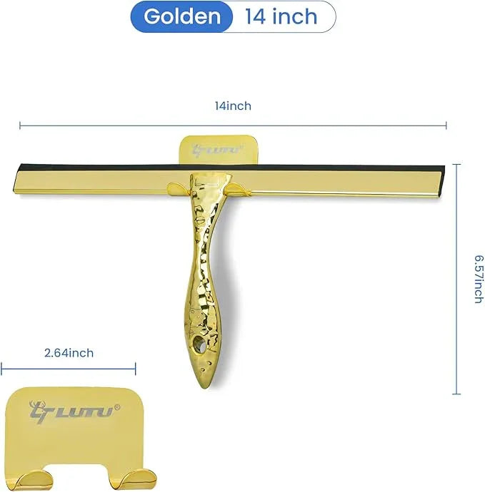 All-Purpose Silicone Shower Squeegee for Shower Glass Door,with 1 Hooks,for Bathroom Glass, Car, Tile Wall, Mirror Cleaning - Flower Shaped Handle for Easy-Grip 14 Inch Golden - NeatNest