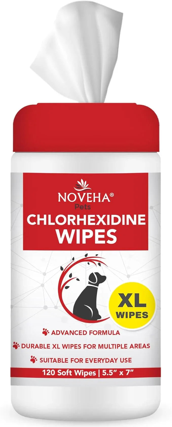 NOVEHA 120PCs XL Formulated Pet Wipes for Dogs & Cats - Safe for Facial & Finger Folds, Underarms, Groin, Hot Spots, Redness & Skin Relief, On-The-Go Size 5.5" x 7" - NeatNest