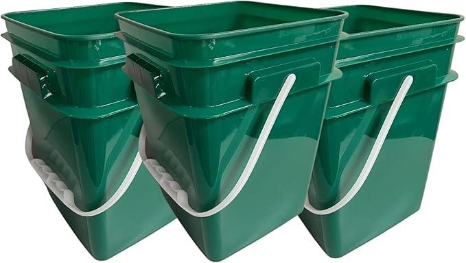 House Naturals 4 Gallon Square Food Grade Bucket Pail with Plastic Handles and Lid (Pack of 3) Made in USA containers (Dark Green) - NeatNest