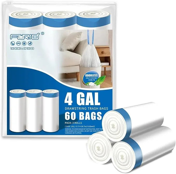 FORID Small Drawstring Trash Bags - 4 Gallon Plastic Garbage Bags White Unscented Can Liners 60 Count Strong Wastebasket Bags for Bathroom Office Home Kitchen Bedroom Travel 15 Liter - Durable & Thick - NeatNest