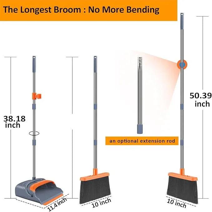 kelamayi Upgrade Broom and Dustpan Set, Self-Cleaning with Dustpan Teeth, Indoor&Outdoor Sweeping, Ideal for Dog Cat Pets Home Use, Stand Up Broom and Dustpan (Gray&Orange) - NeatNest