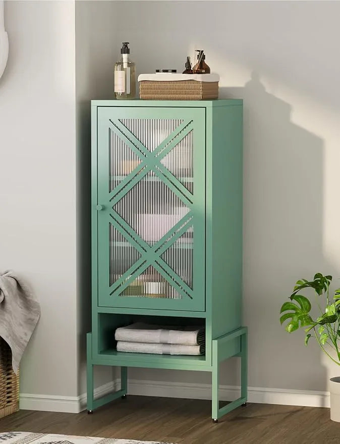 Metal Storage Cabinet with Adjustable Shelves, 42.54"H Freestanding Organizer for Pantry, Kitchen, Bathroom & Laundry Room, Strong & Rust-Resistant, Easy Assembly (Green+Transparent Door Panel) - NeatNest