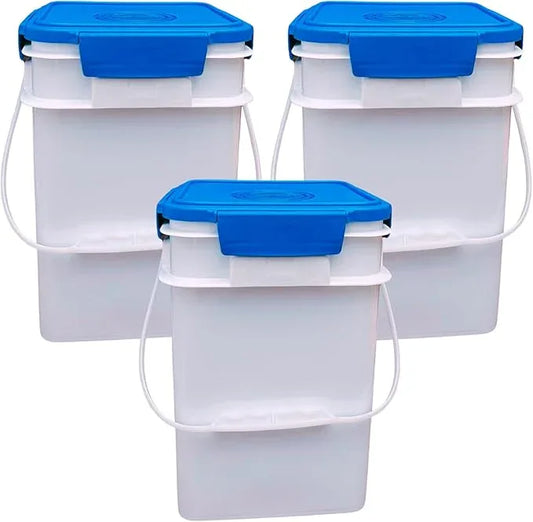 House Naturals 4 Gallon Square Food Grade Bucket Pail with Plastic Handles and Lid (Pack of 3) Made in USA containers (White - Blue lids) - NeatNest