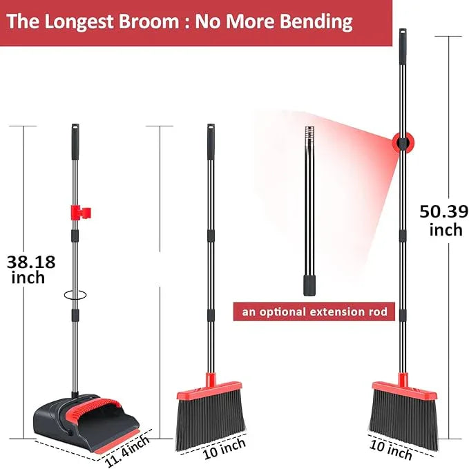 kelamayi Upgrade Broom and Dustpan Set, Broom with Dustpan Combo Set, Large Size and with Long Handle, Upright,Ideal for Indoor Outdoor Garage Kitchen Room Office Lobby Use (Black&Red) - NeatNest