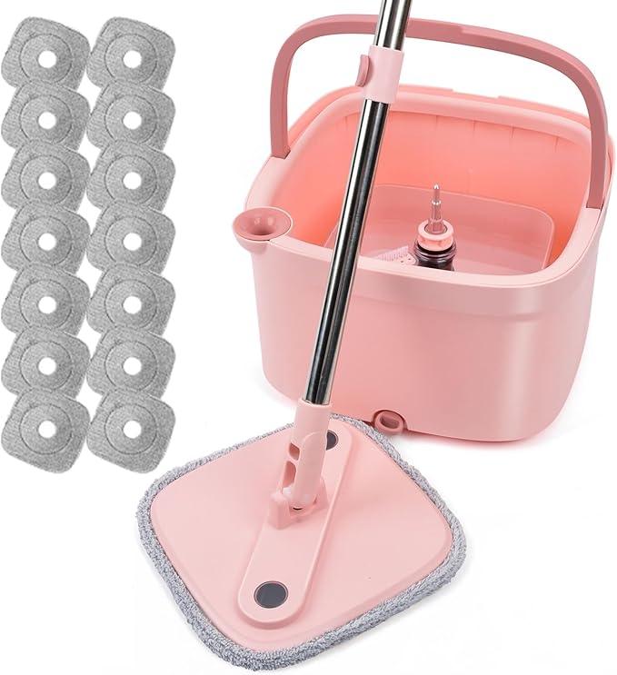KZKR Square Spin Mop and Bucket Set with Self Separation Dirty and Clean Water System, Self Wringing 360° Rotating Mops Head with 14 Replaceable Microfiber Pads for Home Floors Cleaning - NeatNest