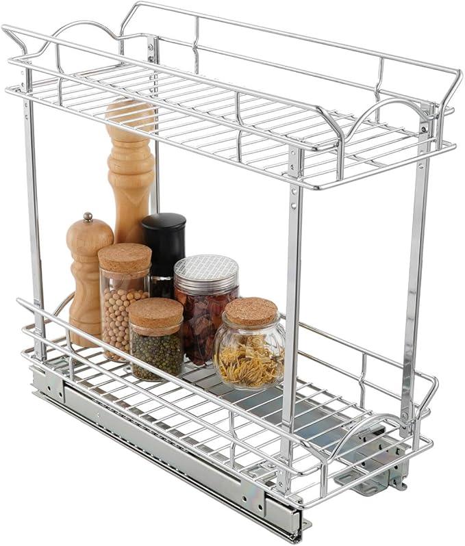 OCG Slide Out Cabinet Organizer for Narrow Cabinet (5" W X 17" D), 2 Tier Pull Out Shelves Slim Sliding Cabinet Organizer and Storage, Chrome - NeatNest