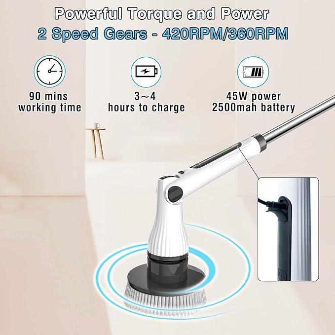 Electric Spin Scrubber, 8 in 1 Electric Cleaning Brush, Cordless Rechargeable Scrub Brush with 8 Replaceable Brush Heads, Adjustable Length and Angle Power Scrubber for Bathroom Tile Bathtub Glass - NeatNest