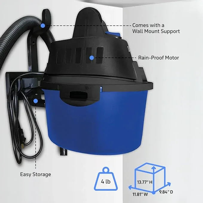 Koblenz WD-2.5L Portable Wet Dry Vacuum, 2.5-Gallon 2.5 PHP Suction Plus Blower Vacuum Cleaner for Liquids, Dust, Pet Hairs, 10’ Reach, For Car Cleaning, Wall-Mount Support, Parts Included, Blue/Black - NeatNest