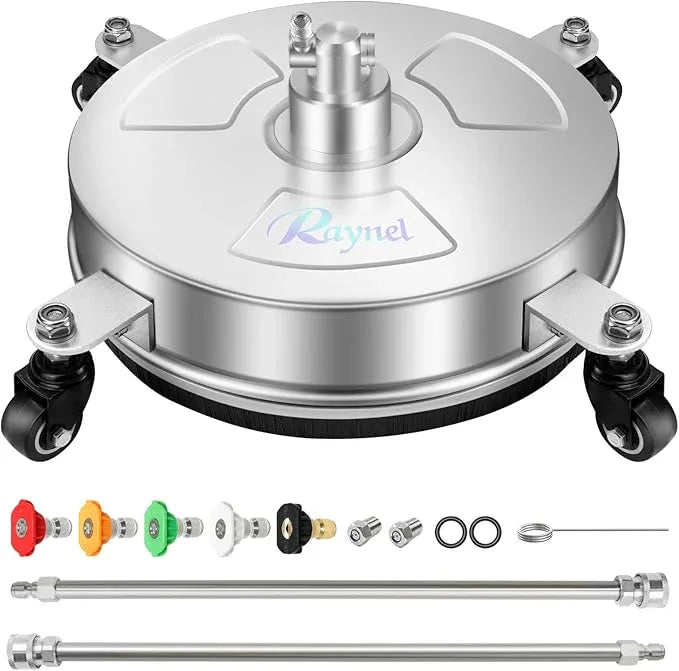 RAYNEL 14'' Pressure Washer Surface Cleaner with 4 Wheels, Stainless Steel Housing, 1/4" Quick Plug, 2 Extended Wands, 2 Replacement Nozzles - NeatNest