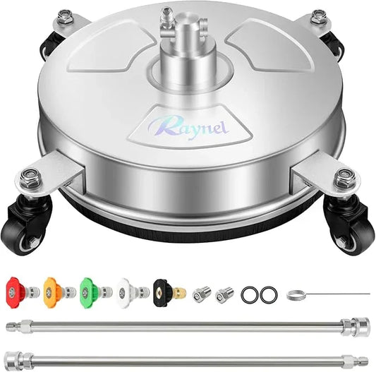RAYNEL 14'' Pressure Washer Surface Cleaner with 4 Wheels, Stainless Steel Housing, 1/4" Quick Plug, 2 Extended Wands, 2 Replacement Nozzles - NeatNest