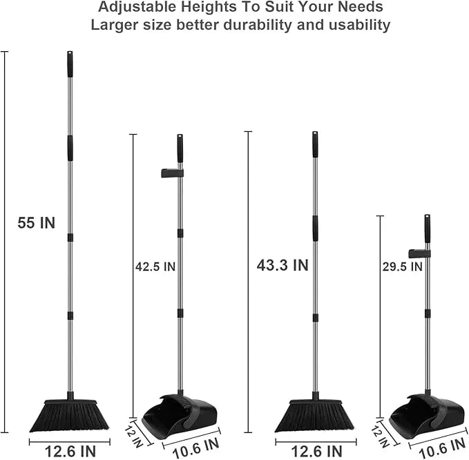 Broom and Dustpan Set, Large Household Broom with Dustpan Combo Set, 55" Long Handle Black Dust Pan Kit for Kitchen Lobby Office Indoor Outdoor - NeatNest