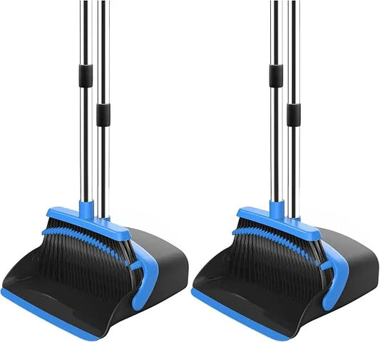 NACENA Broom and Dustpan Set, 52-in Long Adjustable Handle Broom Dustpan Combo with Dustpan Teeth to Automatically Clean Hair Suitable for Home Kitchen Office Hall Floor (Black&Blue), 2 Pack - NeatNest