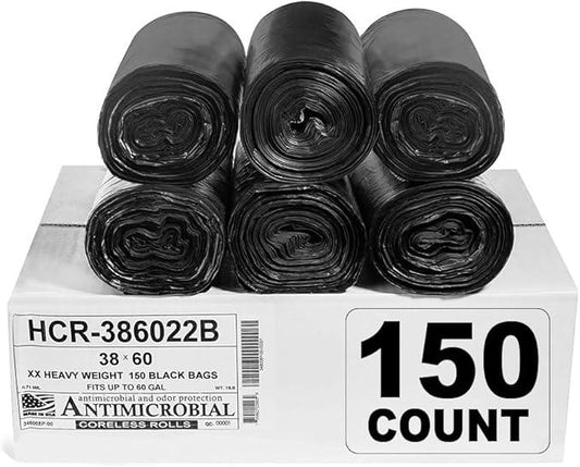 Aluf Plastics High Density Trash Bags, 60 Gallon, 150 Count, 22 Micron (eq), 38" x 60", Black, for Bathroom, Office, Industrial, Commercial, Janitorial, Municipal, Recycling - NeatNest