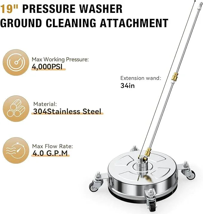 19" Pressure Washer Surface Cleaner with 4 Wheels, Stainless Steel Housing, 4000 PSI Max, 3 Connect Nozzles & 2 Extension Wands, Pressure Washer Surface Cleaner for Concrete, Patios, Sidewalks - NeatNest