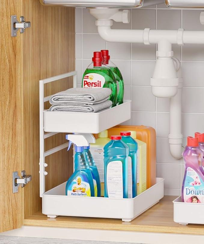 EVERIE Metal Pull Out Slide Shelf Organizer for Framed or Frameless Under Sink CabinetsOrganization in Kitchen, Bathroom, Counter, Cabinets (White, 1 Set) - NeatNest