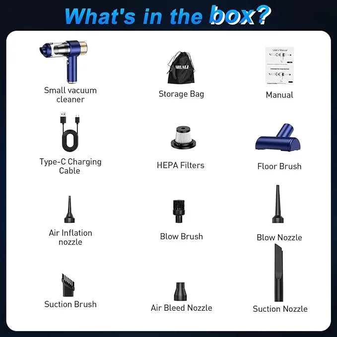 Mini Vacuum Cleaner, 15000PA Car Vacuum Cleaner Portable Cordless with LED Light, 4 in 1 Air Duster and Handheld Small Vacuum Rechargeable for Car, Home, Office, Pet（Blue） - NeatNest