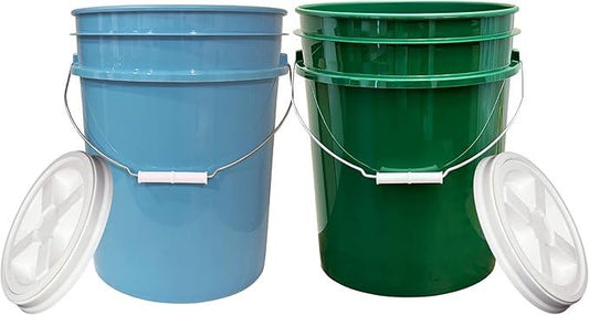 House Naturals 5 Gallon Food Grade BPA Free Bucket Pail with Air Tight Double Gasket Screw on Lid (Pack of 2) Light Blue and Green containers with White lids - NeatNest