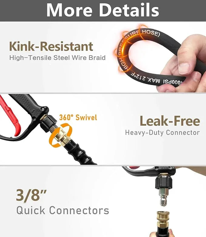 Pressure Washer Hose 50FT 4000 PSI, Kink Resistant Steel Braided Layer & NonMarking Rubber for Hot/Cold Water, High Power Washer Hose With 3/8 Inch Quick Connect & M22 Fitting, Black - NeatNest