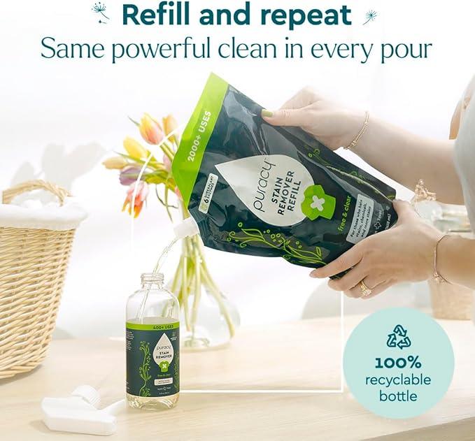 Puracy Stain Remover, Natural Based Travel and Laundry Stain Cleaner for Clothes, Baby Essentials, Kids Stains, Oil and Fabric Spot Cleaner, Unscented (Stain Remover Spray and Refill, 64 fl oz) - NeatNest