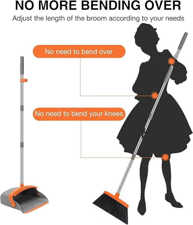 NACENA Broom and Dustpan Set, 52-in Long Adjustable Handle Broom Dustpan Combo with Dustpan Teeth to Automatically Clean Hair Suitable for Home Kitchen Office Hall Floor (Grey&Orange), 4 Pack - NeatNest