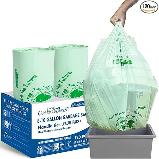8-10 Gallon Compostable Trash Bags, 120 Count, Compost Bags Kitchen Trash Bags with Handle, Sturdy Biodegradable Garbage Bags Food Scrap Waste Bags, ASTM D6400, US BPI Certified - NeatNest