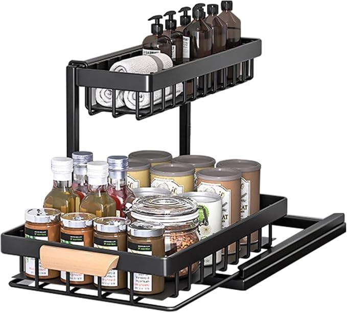 2-Tier Sliding Under Sink Organizer, L-shape Pull Out Cabinet Organizers, Multi-purpose Sink Storage Shelves, Metal Mesh Drawer Organizer for Bathroom Kitchen (Black, Pull-Down Style) - NeatNest
