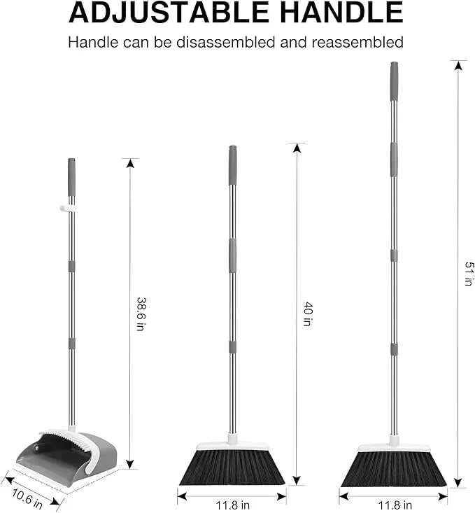 NACENA Broom and Dustpan Set, 52-in Long Adjustable Handle Broom Dustpan Combo with Dustpan Teeth to Automatically Clean Hair Suitable for Home Kitchen Office Hall Floor (Grey&White), 2 Pack - NeatNest
