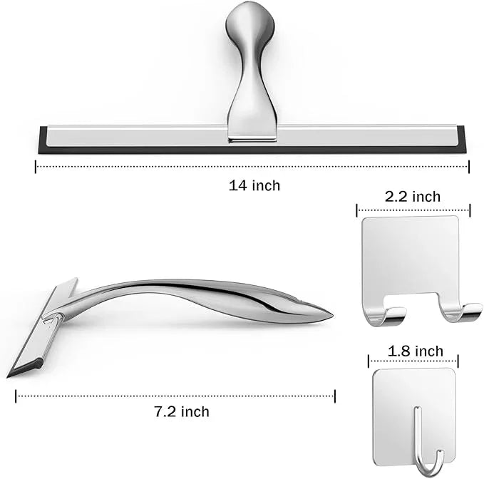 All-Purpose Stainless Steel Shower Squeegee for Shower Glass Door with 2 Adhesive Hooks, Bathroom Cleaner Tool Household Window Mirror Squeegee for Glass Doors, Cleaning Tile Wall, Car, 14 Inch Silver - NeatNest