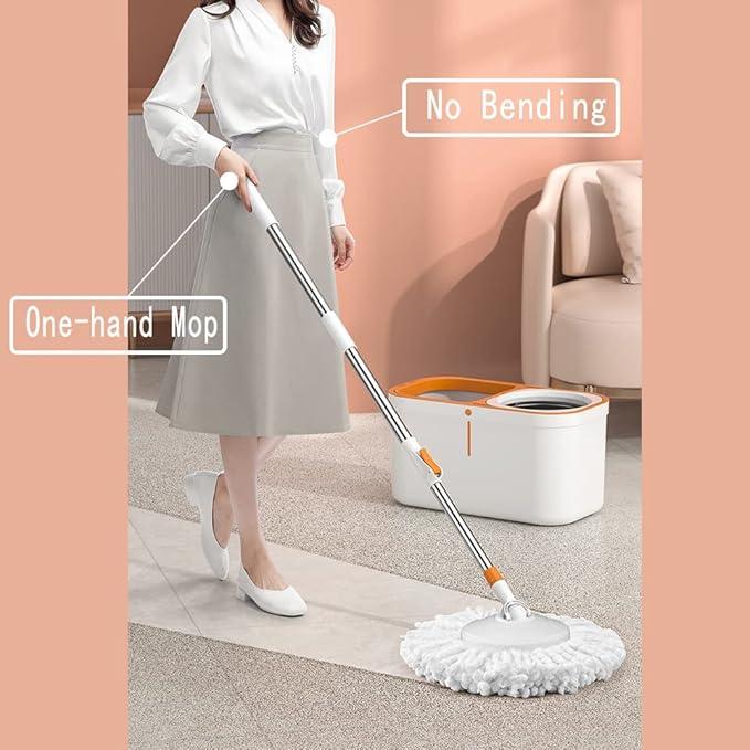 Floor Spin Mop and Bucket Set with Wringer System Extended Stainless Steel Handle 61＂for Home Floor Cleaning Use with 5 Replacement Head Refill and 1 Cleaning Brush Head - NeatNest