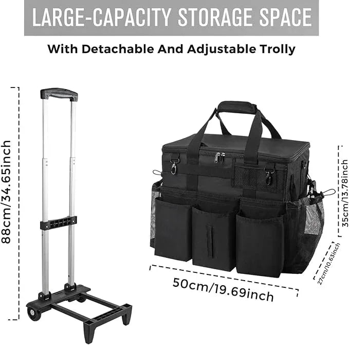 Rolling Cleaning Caddy Bag with Detachable Trolley, Large Cleaning Supplies Organizer with Wheels, Multi Pocket Cleaning Cart with Adjustable Shoulder Strap for Housekeepers & Home Use, Black - NeatNest