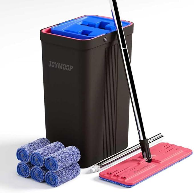 JOYMOOP Mop and Bucket with Wringer Set, Hands Free Flat Floor Mop and Bucket, with 6 Washable Microfiber Pads, Wet and Dry Use, Floor Cleaning System - Black+Red+Slate Blue - NeatNest