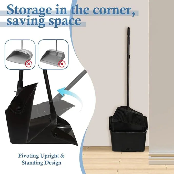 Primero Basics Broom and Dustpan Set with Long Handle and Wheels, Upright Standing Heavy Duty Large Dust Pan and Broom Combo for Indoor Outdoor, Kitchen, Garage, Restaurant Cleaning – Black - NeatNest